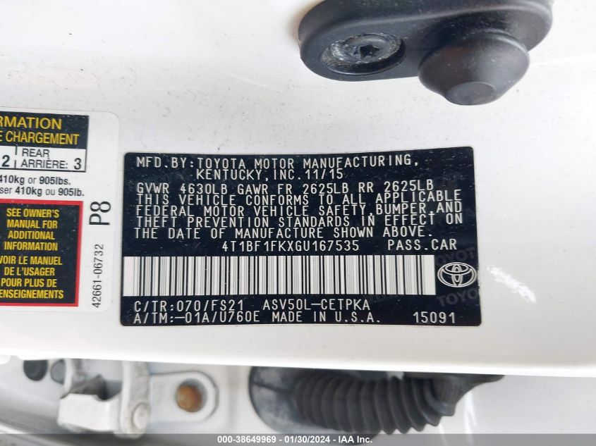 2016 TOYOTA CAMRY SE - 4T1BF1FKXGU167535