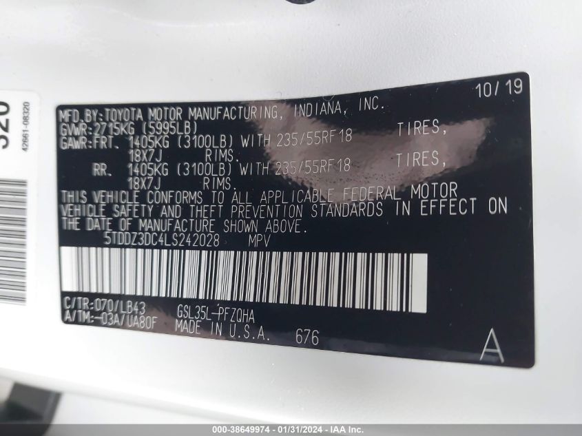 2020 TOYOTA SIENNA XLE/XLE PREMIUM/LIMITED/L - 5TDDZ3DC4LS242028