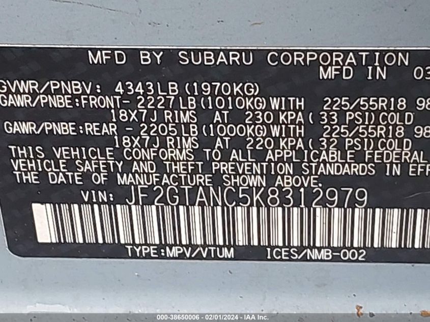 2019 SUBARU CROSSTREK LIMITED - JF2GTANC5K8312979