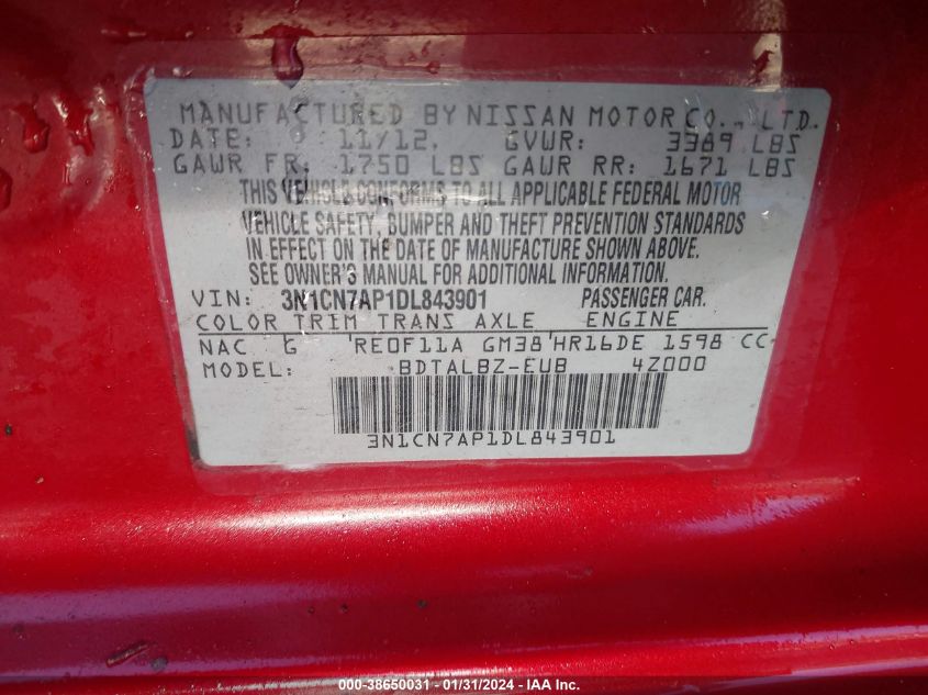 2013 NISSAN VERSA 1.6 SV - 3N1CN7AP1DL843901