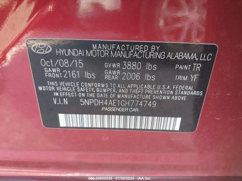2016 HYUNDAI ELANTRA SE - 5NPDH4AE1GH774749