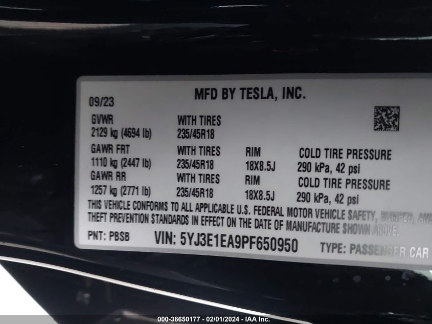 2023 TESLA MODEL 3 - 5YJ3E1EA9PF650950