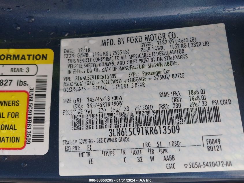 2019 LINCOLN MKZ RESERVE I - 3LN6L5C91KR613509