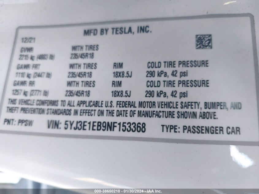 2022 TESLA MODEL 3 LONG RANGE DUAL MOTOR ALL-WHEEL DRIVE - 5YJ3E1EB9NF153368