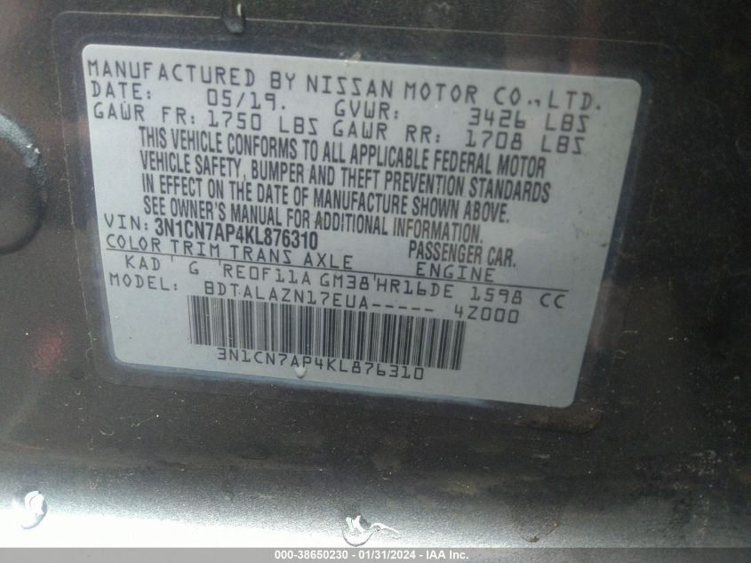 2019 NISSAN VERSA 1.6 S+ - 3N1CN7AP4KL876310