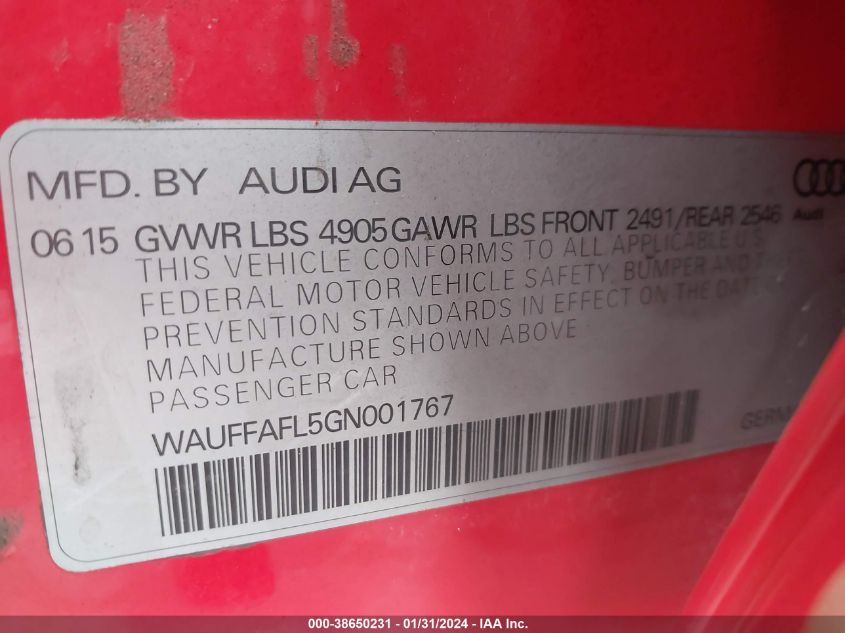 2016 AUDI A4 PREMIUM PLUS S-LINE - WAUFFAFL5GN001767