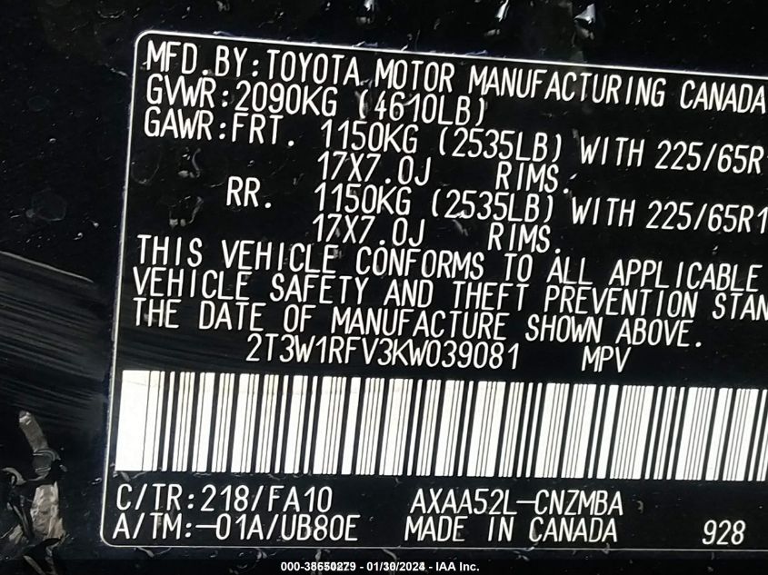 2019 TOYOTA RAV4 XLE - 2T3W1RFV3KW039081