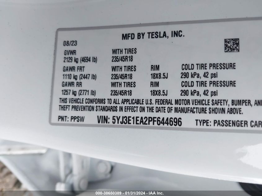 2023 TESLA MODEL 3 - 5YJ3E1EA2PF644696
