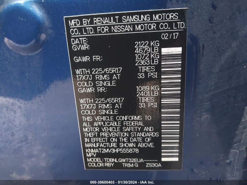 2017 NISSAN ROGUE SV - KNMAT2MV3HP555878