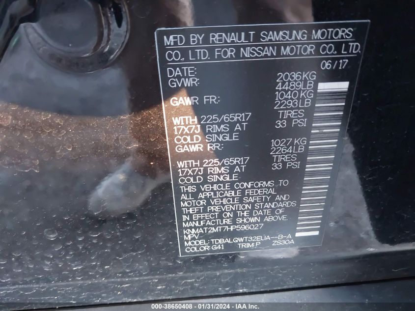 2017 NISSAN ROGUE SV - KNMAT2MT7HP596027