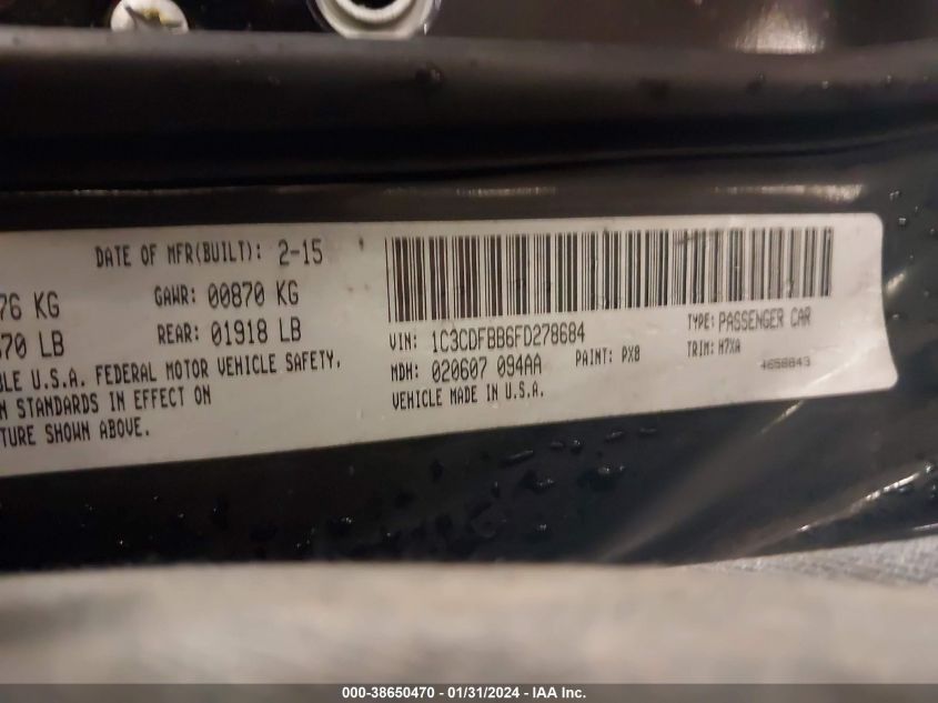 2015 DODGE DART SXT - 1C3CDFBB6FD278684
