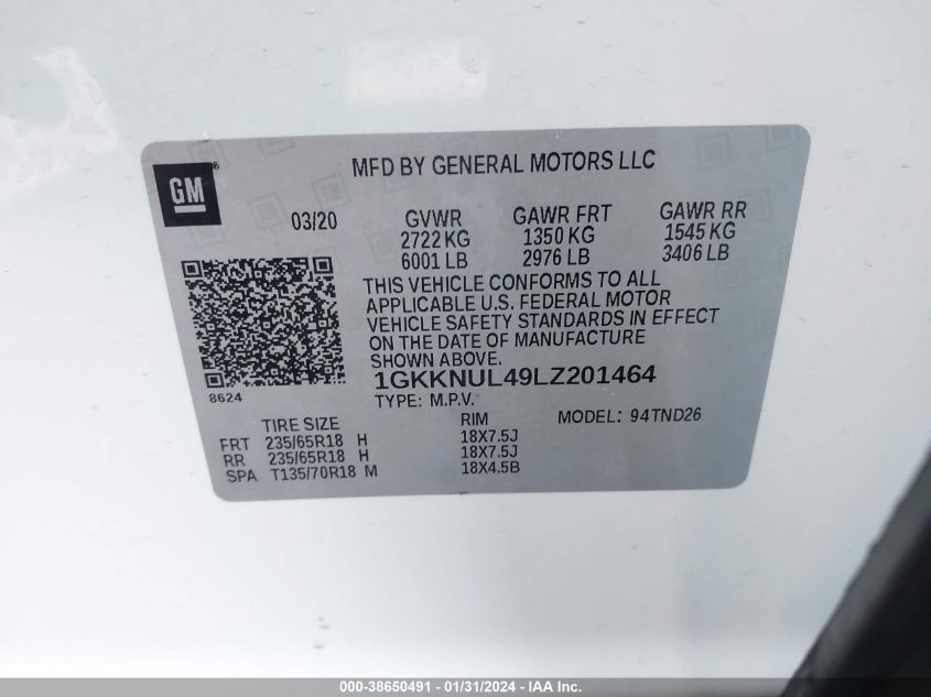 2020 GMC ACADIA SLT - 1GKKNUL49LZ201464