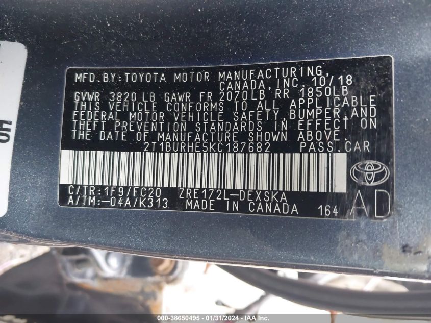 2019 TOYOTA COROLLA SE - 2T1BURHE5KC187682