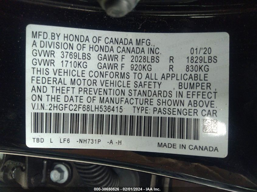 2020 HONDA CIVIC LX - 2HGFC2F68LH536415