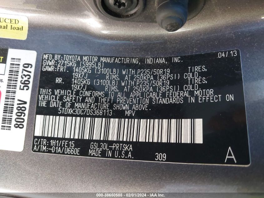 2013 TOYOTA SIENNA SE 8 PASSENGER - 5TDXK3DC7DS368113
