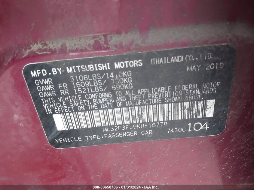 2019 MITSUBISHI MIRAGE G4 ES - ML32F3FJ9KHF16778