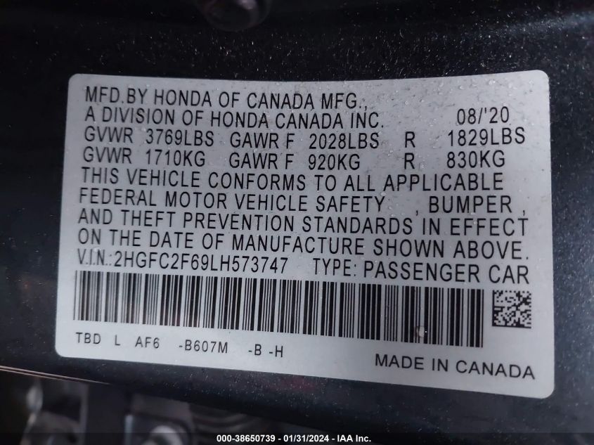 2020 HONDA CIVIC LX - 2HGFC2F69LH573747
