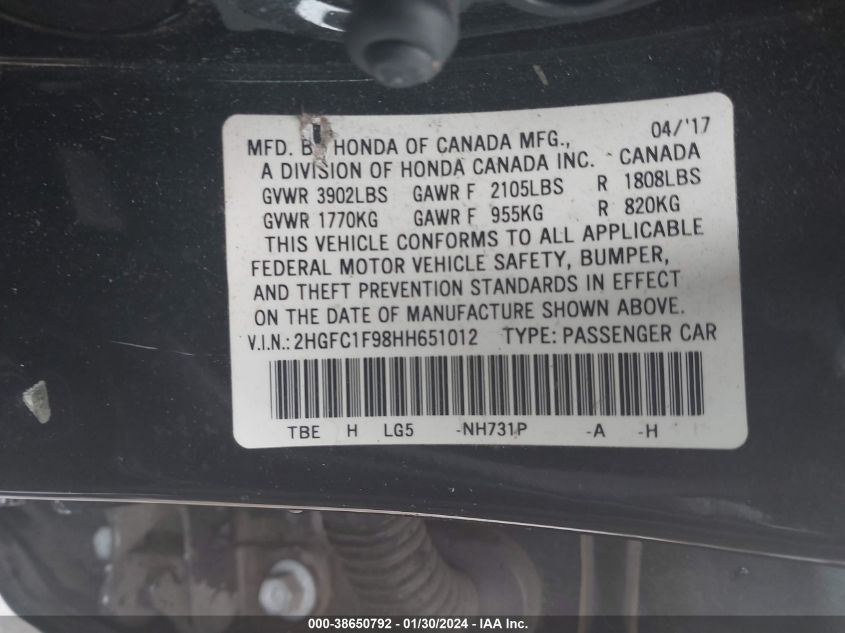 2017 HONDA CIVIC TOURING - 2HGFC1F98HH651012