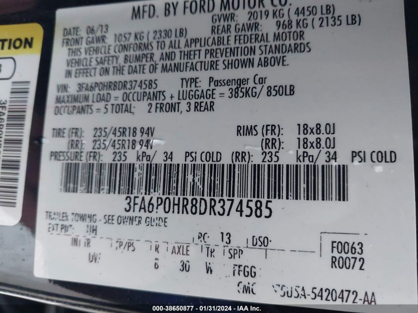 2013 FORD FUSION SE - 3FA6P0HR8DR374585