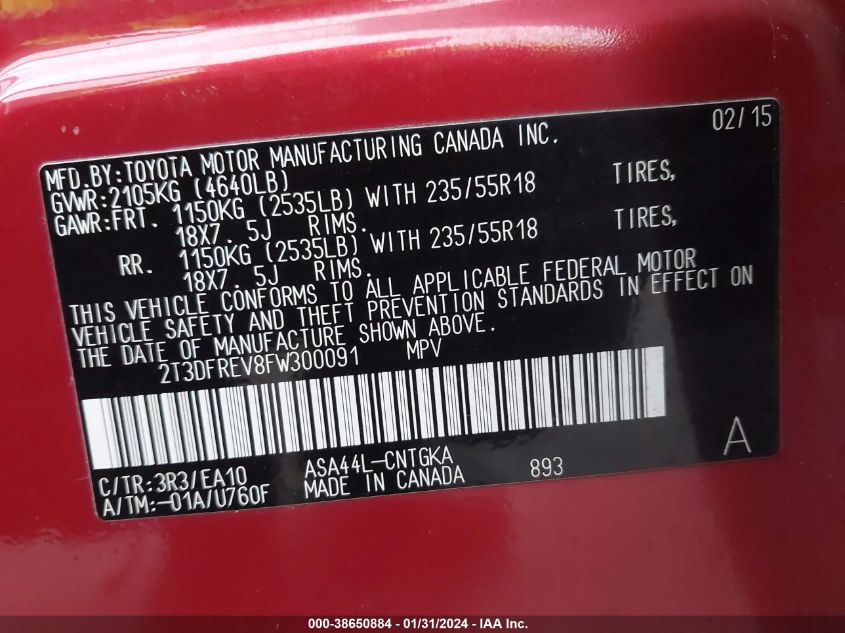 2015 TOYOTA RAV4 LIMITED - 2T3DFREV8FW300091