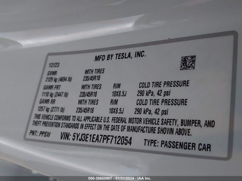 2023 TESLA MODEL 3 - 5YJ3E1EA7PF712054