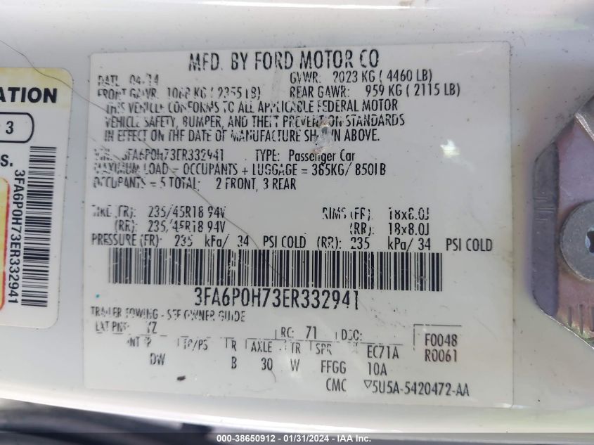 2014 FORD FUSION SE - 3FA6P0H73ER332941