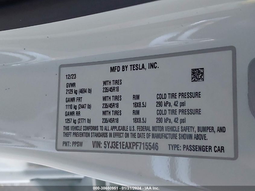 2023 TESLA MODEL 3 - 5YJ3E1EAXPF715546