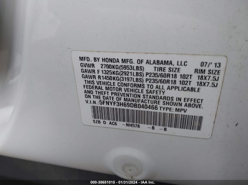 2013 HONDA PILOT EX-L - 5FNYF3H69DB040466
