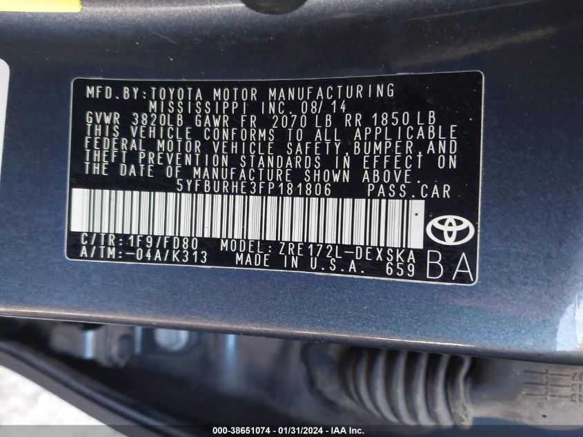 2015 TOYOTA COROLLA L/LE/LE PLS/PRM/S/S PLS - 5YFBURHE3FP181806