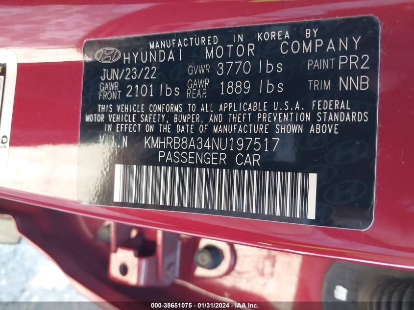 2022 HYUNDAI VENUE SE - KMHRB8A34NU197517