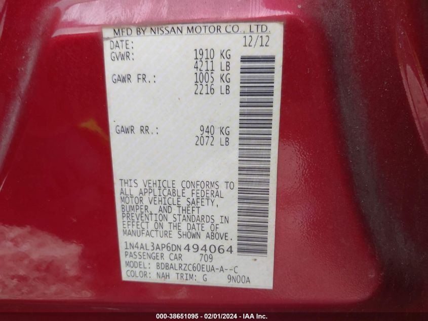 2013 NISSAN ALTIMA 2.5/S/SV/SL - 1N4AL3AP6DN494064