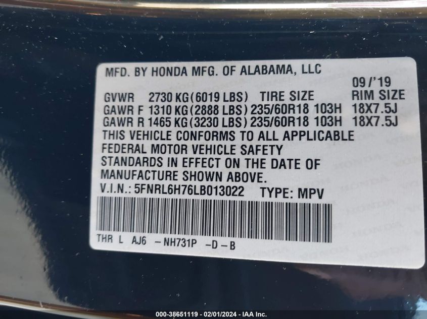 2020 HONDA ODYSSEY EX-L/EX-L W/NAVI   RES - 5FNRL6H76LB013022