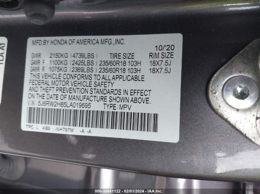 2020 HONDA CR-V EXL - 5J6RW2H85LA019695