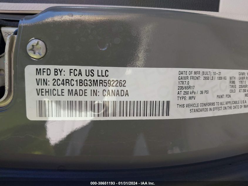 2021 CHRYSLER PACIFICA TOURING L - 2C4RC1BG3MR592262