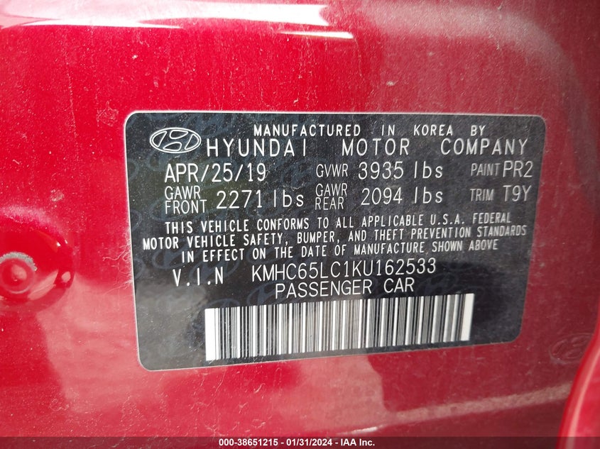VIN KMHC65LC1KU162533 2019 HYUNDAI IONIQ HYBRID BLUE