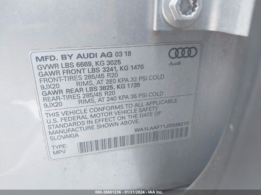 2018 AUDI Q7 3.0T PREMIUM - WA1LAAF71JD036210
