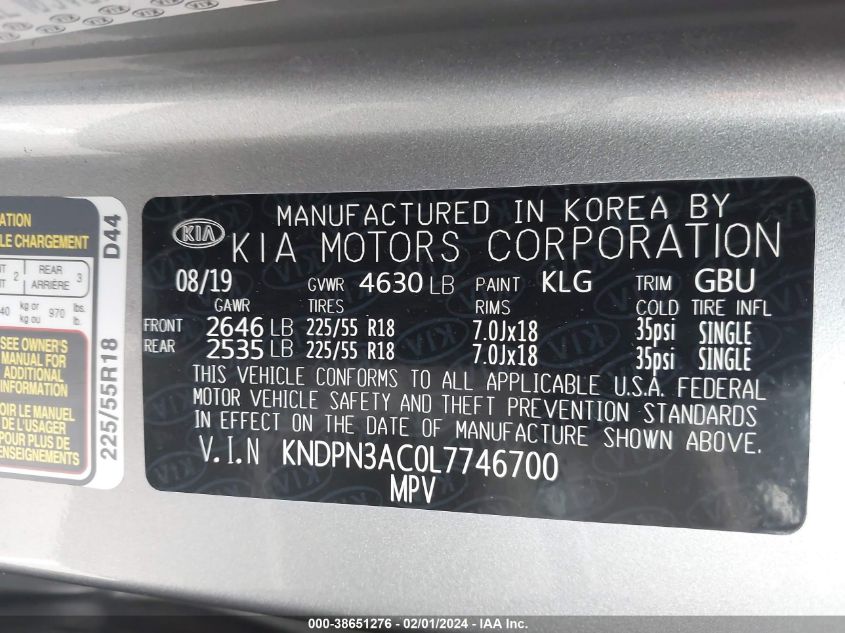 2020 KIA SPORTAGE EX - KNDPN3AC0L7746700