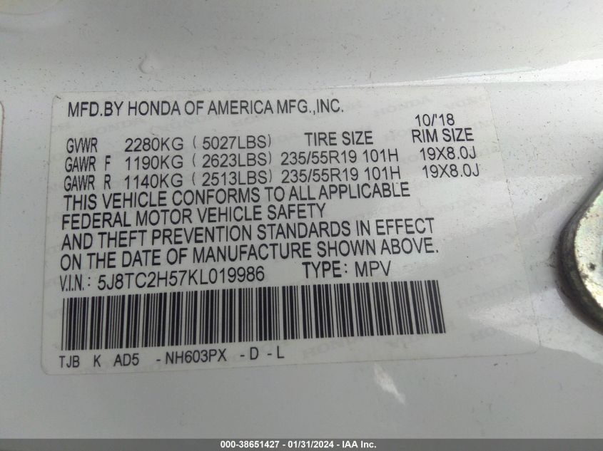 2019 ACURA RDX TECHNOLOGY - 5J8TC2H57KL019986