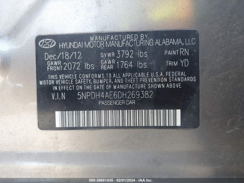2013 HYUNDAI ELANTRA GLS - 5NPDH4AE6DH269382