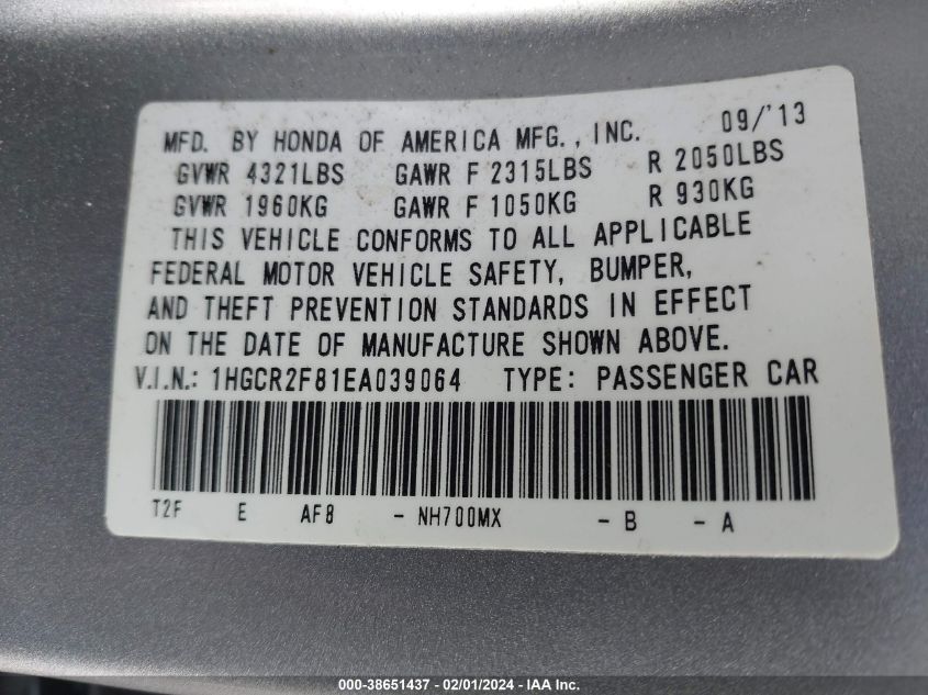 2014 HONDA ACCORD EXL - 1HGCR2F81EA039064