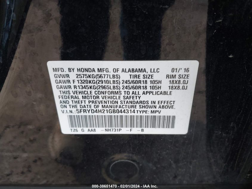 2016 ACURA MDX 3.5L (A9)/W/ACURAWATCH PLUS - 5FRYD4H21GB044314
