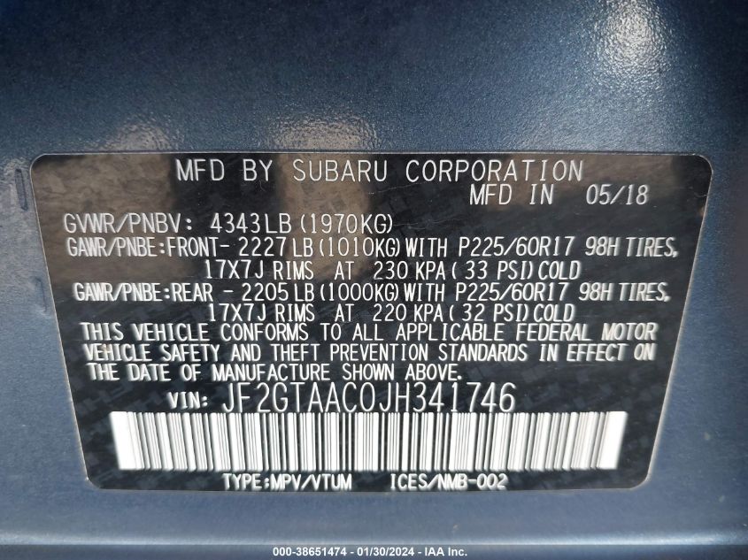 2018 SUBARU CROSSTREK 2.0I - JF2GTAAC0JH341746