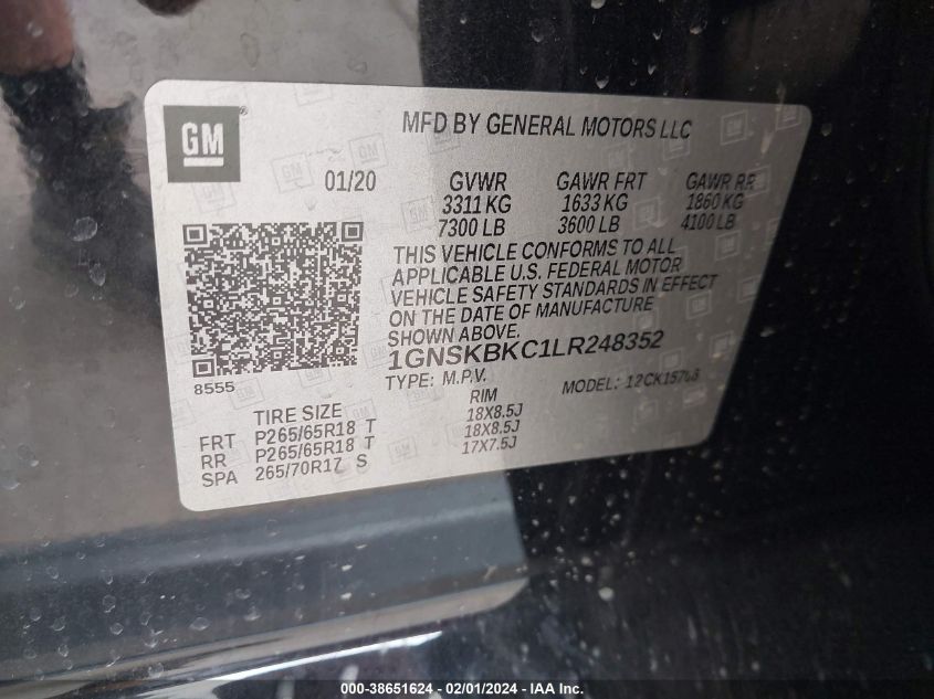 2020 CHEVROLET TAHOE 4WD LT - 1GNSKBKC1LR248352