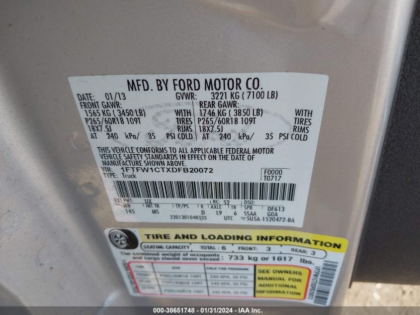 2013 FORD F-150 XLT - 1FTFW1CTXDFB20072