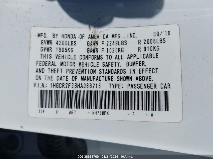 2017 HONDA ACCORD LX - 1HGCR2F38HA068215
