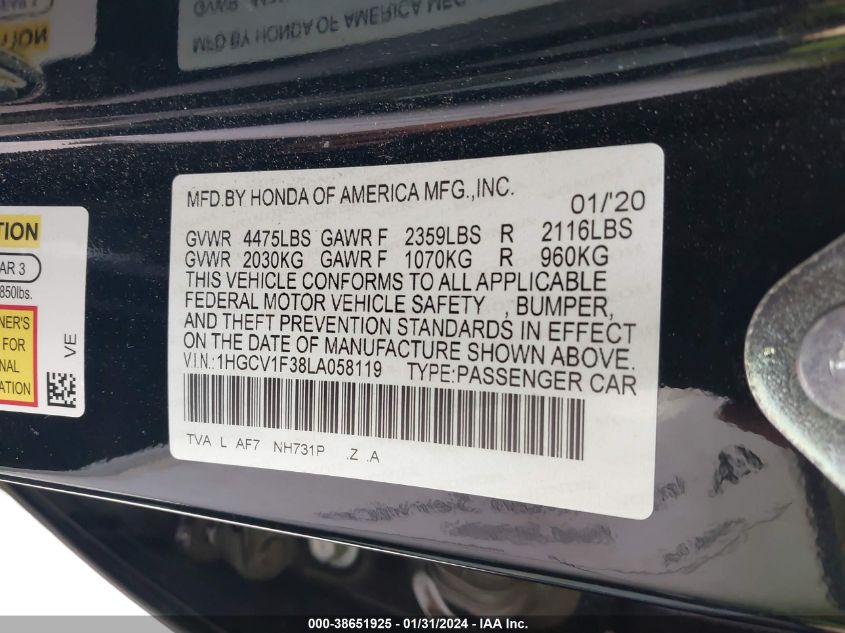 2020 HONDA ACCORD SPORT - 1HGCV1F38LA058119