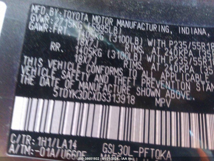 2013 TOYOTA SIENNA LIMITED V6 7 PASSENGER - 5TDYK3DCXDS313918