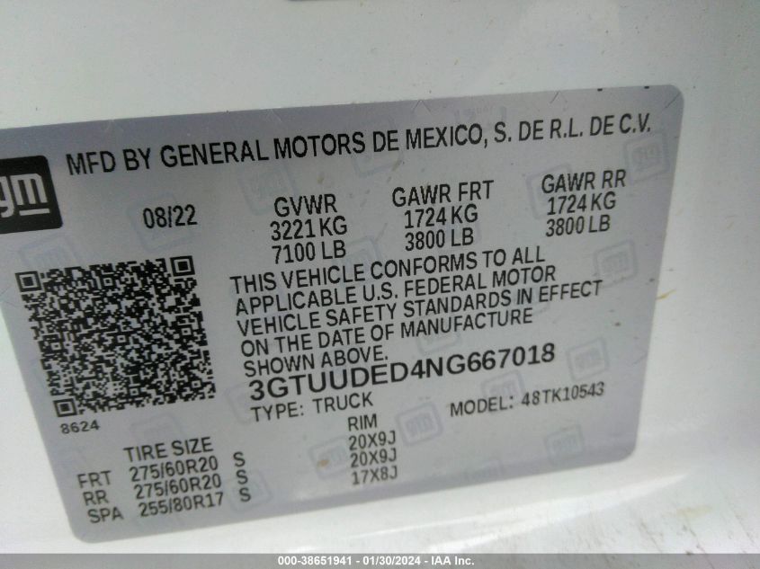 2022 GMC SIERRA 1500 4WD  SHORT BOX SLT - 3GTUUDED4NG667018