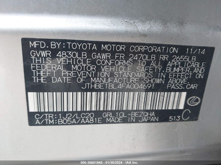 2015 LEXUS GS 350 - JTHBE1BL4FA004691