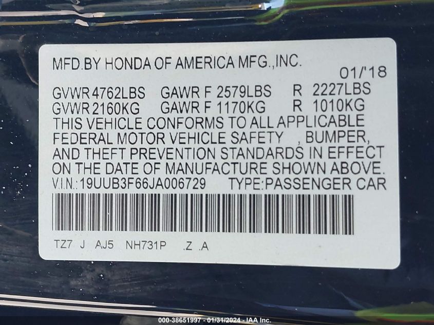 2018 ACURA TLX - 19UUB3F66JA006729